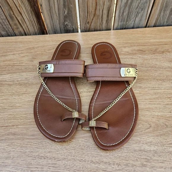 G By Guess Brown Leather Sandals with Gold Chain Size 8 - Picture 7 of 16